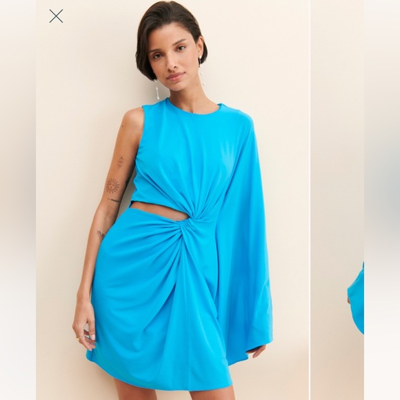 Halston - Daniela Jersey Side Twist Mini Dress - Azure Blue - Size 10 - Picture 1 of 8
